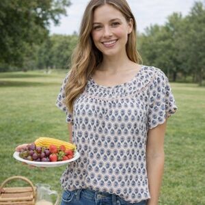 Cottagecore Boho Embroidered Top Women's S Short Sleeve Scoop Neck Blue White